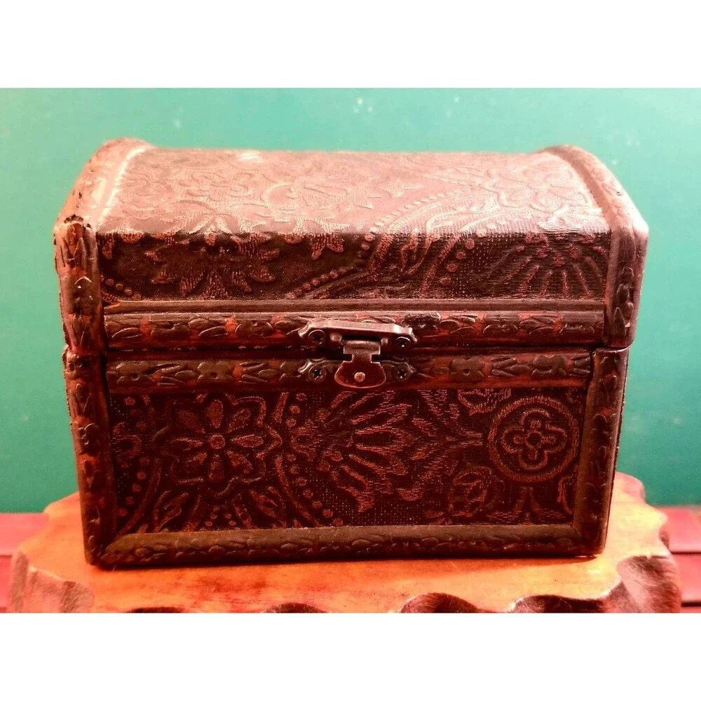 Wooden Treasure Chest Jewelry Box Leather Embossed W/ Floral Pattern Carved Trim